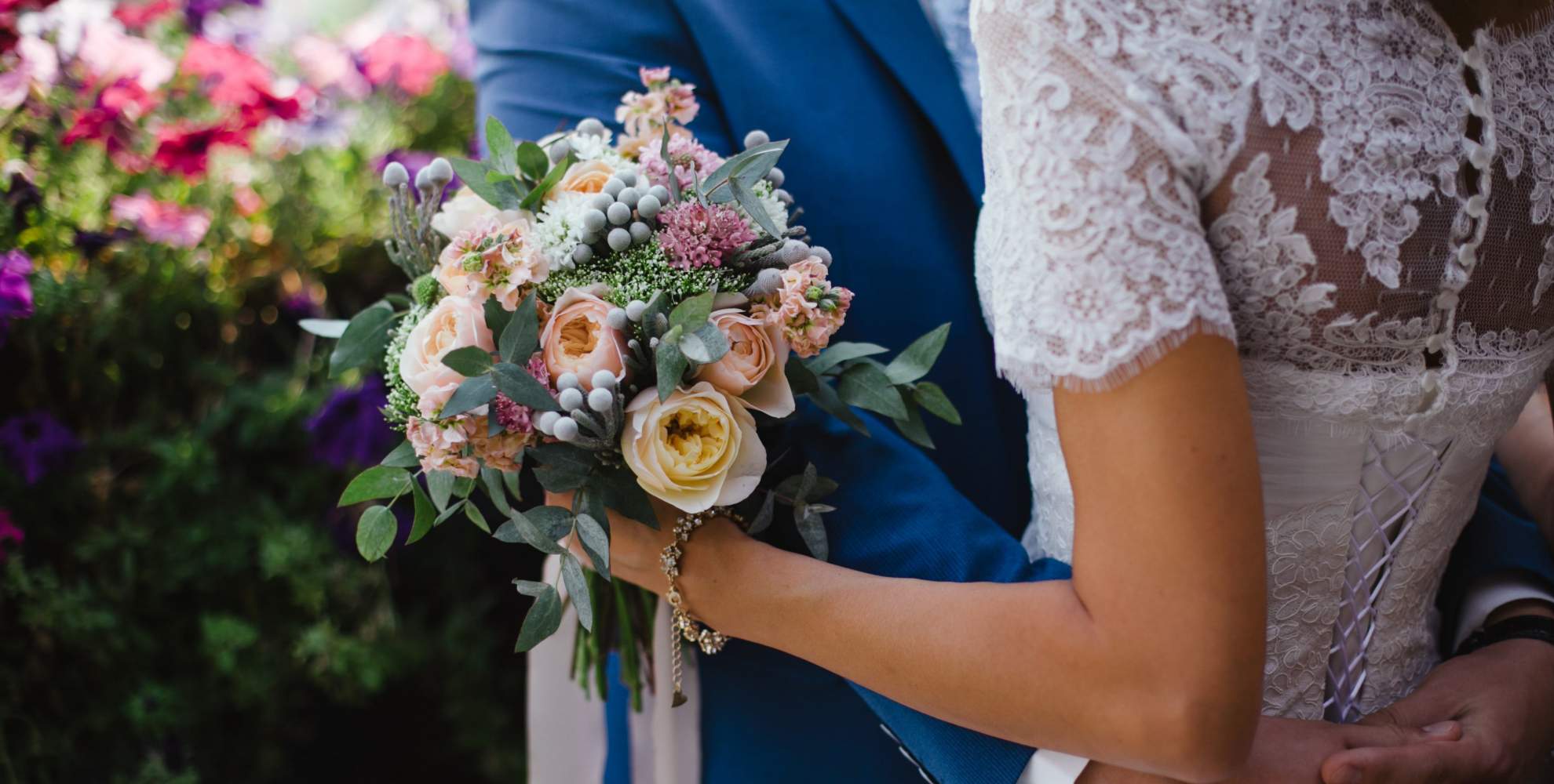 Close-up image of a bride and groom at their wedding 